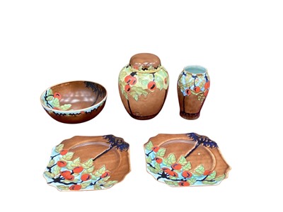 Lot 2374 - Group of Crown Devon Cherry Tree pattern china including ginger jar and cover, vase, bowl and two plates
