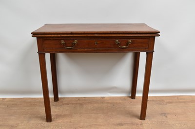 Lot 1380 - George III mahogany tea table, with fold over top and drawer below, on square internally chamfered supports, 85cm wide x 40cm deep x 75cm high