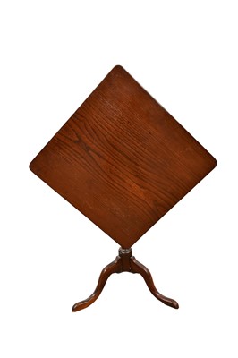 Lot 1382 - George III oak occasional table, primitive form with rounded square tilt top on turned column and splayed cabriole legs, 60cm wide