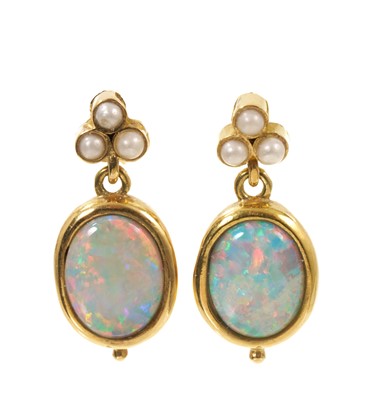 Lot 628 - Pair of opal and seed pearl earrings in 18ct gold setting by Esther Eyre, London