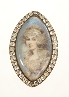 Lot 629 - Fine late 18th century portrait miniature on ivory in a paste-set gold setting, in a later Edwardian tooled red leather box retailed by Tessier, 26 New Bond St, London