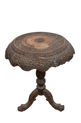Lot 5348 - 19th century Burmese carved hardwood occasional table, the circular relief carved top with conforming apron and knopped column on tripod supports with mask terminals, 48cm diameter x 65cm high