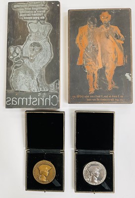 Lot 1120 - *Jonathan Trowell (1938-2013) two Royal Academy of Arts medallions named to Ernest J. L. Trowell for Painting and Drawing, boxed. Together with two printing blocks, one a Christmas card design th...