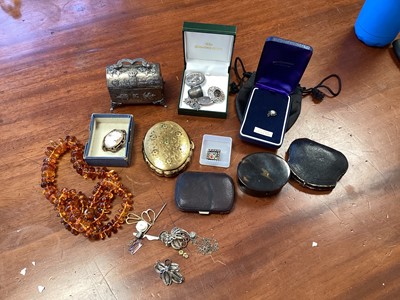 Lot 5243 - Group of jewellery and other items, including a cameo brooch with yellow metal mount, a 9ct gold brooch, a white metal casket engraved 'Blankenberghe', small amount of silver jewellery, amber ne...