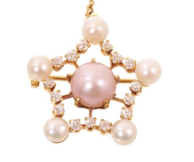 Lot 554 - Edwardian Tiffany & Co. pearl and diamond star shape brooch with a central pale pink pearl measuring approximately 8.8mm within a star shape border of old cut diamonds and five further pearl...