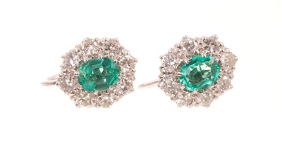 Lot 556 - Pair of emerald and diamond cluster earrings, each with an oval mixed cut emerald measuring approximately 5.8 x 4.6mm, surrounded by a border of eight brilliant cut diamonds in white gold claw s...