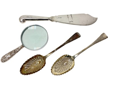 Lot 442 - Pair of Georgian silver berry spoons, silver handled magnifying glass and a silver fish slice