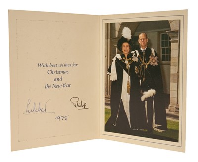 Lot 93 - H.M. Queen Elizabeth II and H.R.H. The Duke of Edinburgh , family signed 1975 Christmas card with gilt cyphers to cover and photograph of the Royal couple in Order of The Thistle robes to the inte...