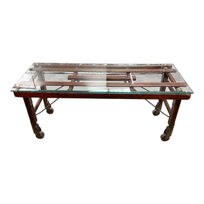 Lot 1424 - Wooden collapsible industrial bench patented 1923, now with glass top, 107cm long
