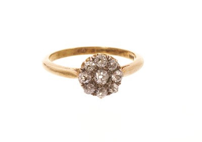 Lot 583 - Victorian diamond cluster ring with a flower head cluster of nine old cut diamonds in gold claw setting on plain gold shank, estimated total diamond weight approximately 0.75cts, ring size J½.