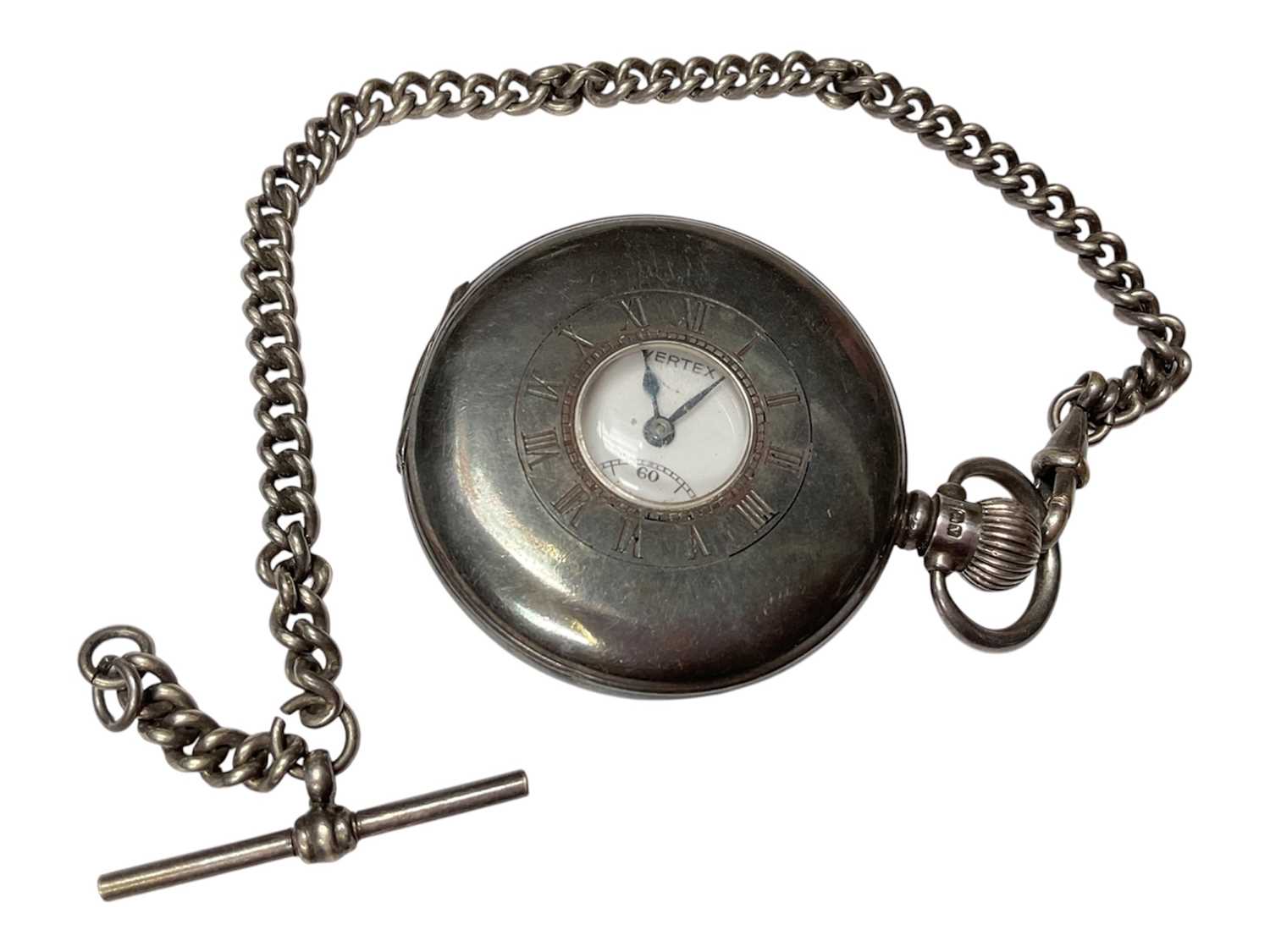 Lot 13 - Silver half hunter Vertex pocket watch (Birmingham 1949), on a white metal watch chain