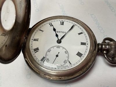 Lot 13 - Silver half hunter Vertex pocket watch (Birmingham 1949), on a white metal watch chain