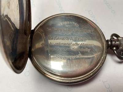 Lot 13 - Silver half hunter Vertex pocket watch (Birmingham 1949), on a white metal watch chain