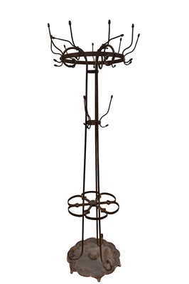 Lot 1425 - Good antique wrought iron hall stand, the coat hooks with acorn finials, with umbrella stand below, drip tray to base, 206cm high