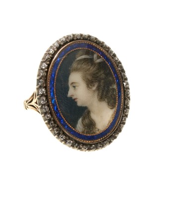 Lot 561 - George III ring with an oval portrait miniature on ivory depicting the bust of a young lady, with a blue guilloché enamel border, beneath a glazed bezel surrounded by a further border of old cu...