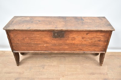 Lot 1427 - Rare 18th century pine six plank coffer, raised on V-cut ends, 112cm wide x 35cm deep x 56cm high