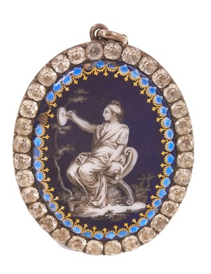 Lot 568 - George III paste-set and enamel pendant, the oval enamel plaque painted depicting an artist, within a border of paste stones in silver setting, 70mm x 52mm.