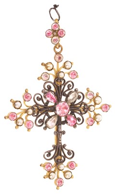 Lot 569 - Antique paste-set cross pendant with pink and white paste stones and simulated pearls, in foiled closed-back setting, 90mm x 62mm.