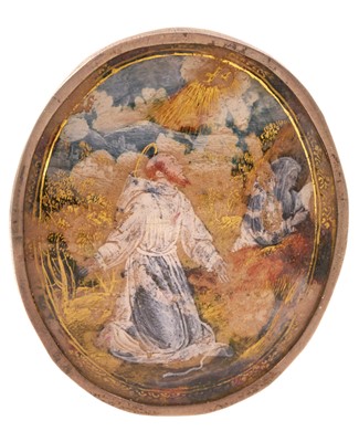 Lot 572 - Antique verre églomisé panel depicting a saint, in a white metal mount, 52mm x 45mm.