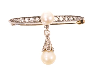 Lot 577 - Edwardian pearl and diamond brooch, the 6.7mm pearl suspended from a bar with a further 6mm pearl flanked by graduated old cut diamonds in white metal setting, presumed platinum, pearls not test...