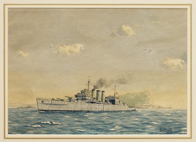 Lot 1073 - *Derek George Montague Gardner (1914-2007) watercolour - H.M.S. Suffolk off Gibraltar, signed and dated 1943, glazed frame