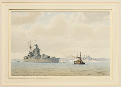 Lot 1087 - *Derek George Montague Gardner (1914-2007) watercolour - The H.M.S. Rodney and Norfolk at Scapa Flow 1941, signed and dated 1988