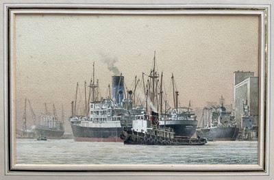 Lot 1090 - Charles H. P. Gardner, late 20th century, watercolour - A Ship of the Blue Funnel Line at Birkenhead, signed and dated 1990, glazed frame