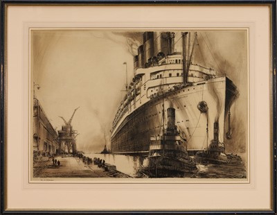 Lot 1093 - *Frank Henry Mason (1875-1965) signed etching - 'The Mauretania', pencil signed lower left, 45.5cm x 65.5cm, glazed frame