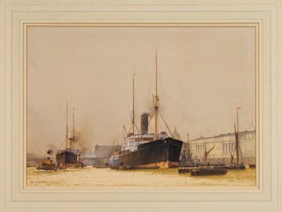Lot 1074 - *Martyn Richardson Mackrill (b.1962) watercolour - Swallow at Anchor by the Customs House, Pool of London, signed and dated ‘87, glazed frame