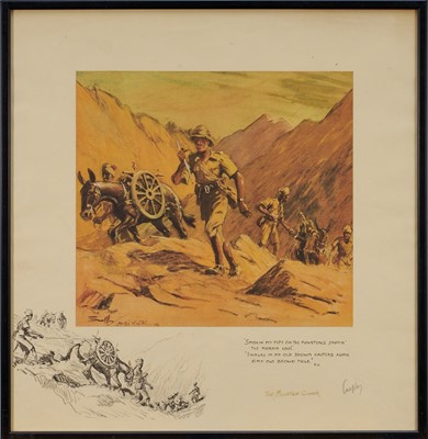 Lot 1206 - *Snaffles, Charles Johnson Payne (1884-1967) signed hand-coloured print - The Mountain Gunner, with Snaffle blindstamp, 50cm x 48cm, in glazed frame