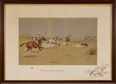 Lot 1200 - *Snaffles, Charles Johnson Payne (1884-1967) signed hand-coloured print - 'Pig', "There's many a slip twixt the 'cup' and the pig", with Snaffle blindstamp, published by Messrs Fores 1913, 46.5cm...