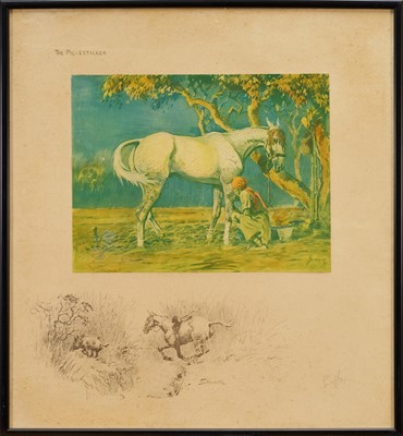 Lot 1210 - *Snaffles, Charles Johnson Payne (1884-1967) signed coloured print - The Pig-ESticker, with Snaffle blindstamp, 47cm x 43cm, in glazed frame