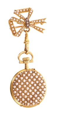 Lot 592 - Late 19th century Swiss 18ct gold diamond and seed pearl fob watch with button-wind movement, in 18ct gold case with pavé set rose cut diamonds and seed pearls, suspended from a similarly set ri...