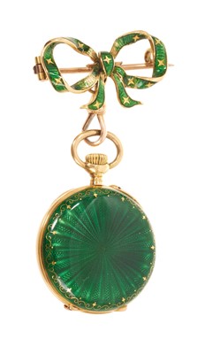 Lot 593 - Early 20th century Swiss gold and green guilloché enamel fob watch suspended from a matching pendant bow brooch