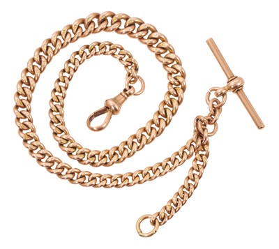 Lot 585 - Edwardian 9ct rose gold watch chain with graduated curb links, T bar and dog clip clasp, 33cm.