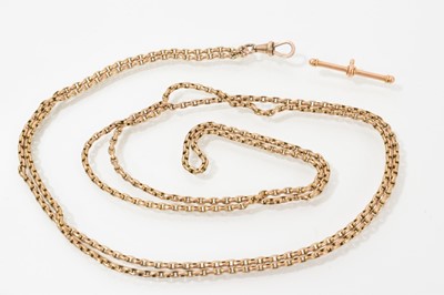 Lot 587 - Victorian yellow metal guard chain with belcher links and dog clip clasp, approximately 104cm.