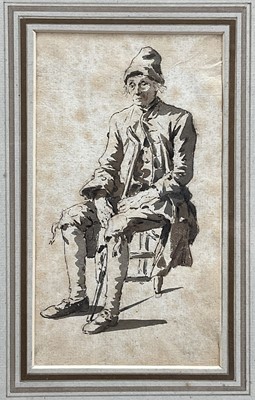 Lot 1282 - Old Master type pen, ink and wash drawing depicting a seated old man, 16.5cm x 9.5cm, in glazed gilt frame