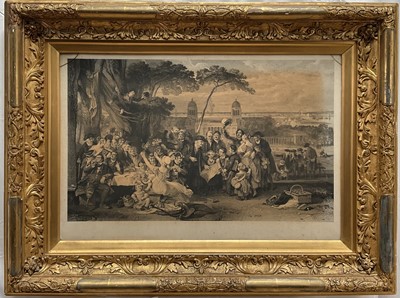 Lot 1239 - John Burnett, 19th century engraving - 'Greenwich Pensioners Commemorating the Anniversary of the Battle of Trafalgar', image 50.5cm x 76cm, good gilt frame