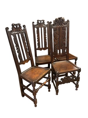 Lot 1373 - Set of four 17th century and later oak dining chairs...