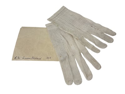 Lot 119 - H.M. Queen Victoria, pair very fine knitted silk gloves with open work panels to backs, sold with old envelope inscribed 'H.M. Queen Victoria 1898'