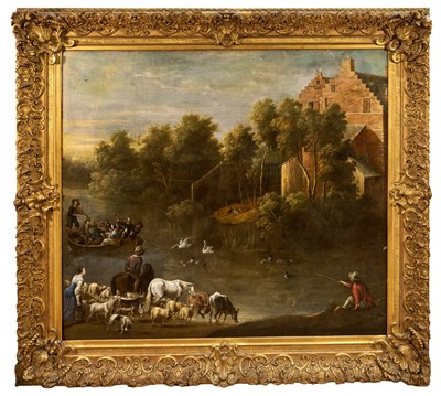 Lot 1142 - Manner of Michiel Carré (1657-1727) oil on canvas - Busy River Landscape, 111cm x 124cm, in gilt frame