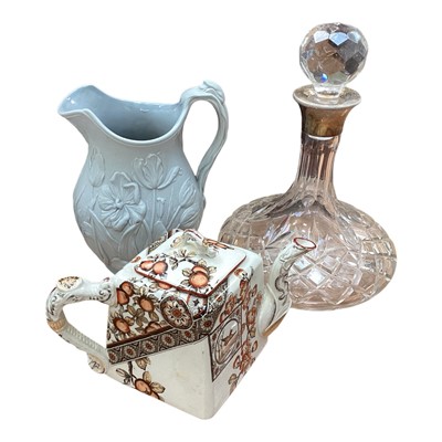 Lot 5110 - Silver mounted ships decanter, Victorian moulded jug, aesthetic style teapot