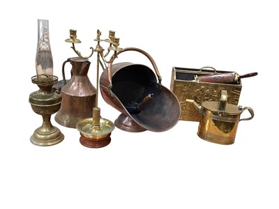 Lot 5143 - Group of copper and brassware to include copper coal scuttle, brass oil lamp etc