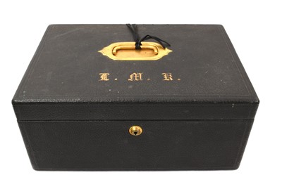 Lot 605 - Large good quality Victorian leather jewellery casket with blue velvet and silk lined interior with fitted tray, and Bramah lock with key, 36cm wide x 25.5cm deep x 16cm high.