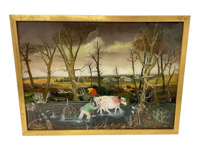 Lot 971 - Dragan Gazi (1930-1983) reverse painted picture on glass - Logging, signed and dated 1964, in gilt frame