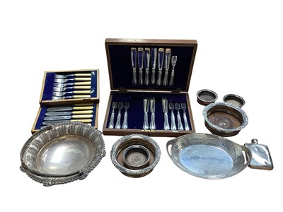 Lot 5142 - Mixed group of 19th century and later silver plate to include wine coasters, basket, castors etc