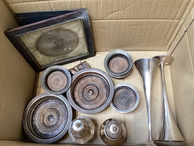 Lot 5142 - Mixed group of 19th century and later silver plate to include wine coasters, basket, castors etc