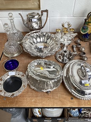 Lot 5063 - Quantity of silver plate to include glass decanters on silver plated bases, tureen, coffee pot etc
