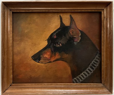 Lot 1272 - English School, late 19th / early 20th century, oil on panel - A Manchester Terrier, 20cm x 26cm in oak frame