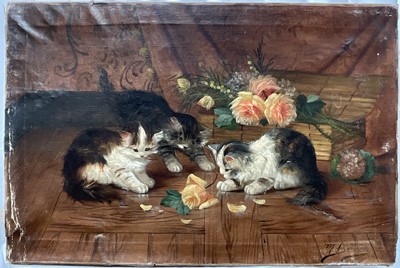 Lot 1273 - English School, 19th century, oil on canvas - Interior scene with Kittens playing with a Rose, indistinctly signed, 50cm x 76cm, unframed